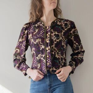 Vintage Purple Floral Victorian Tapestry Style Button Front Retro Preppy Blazer